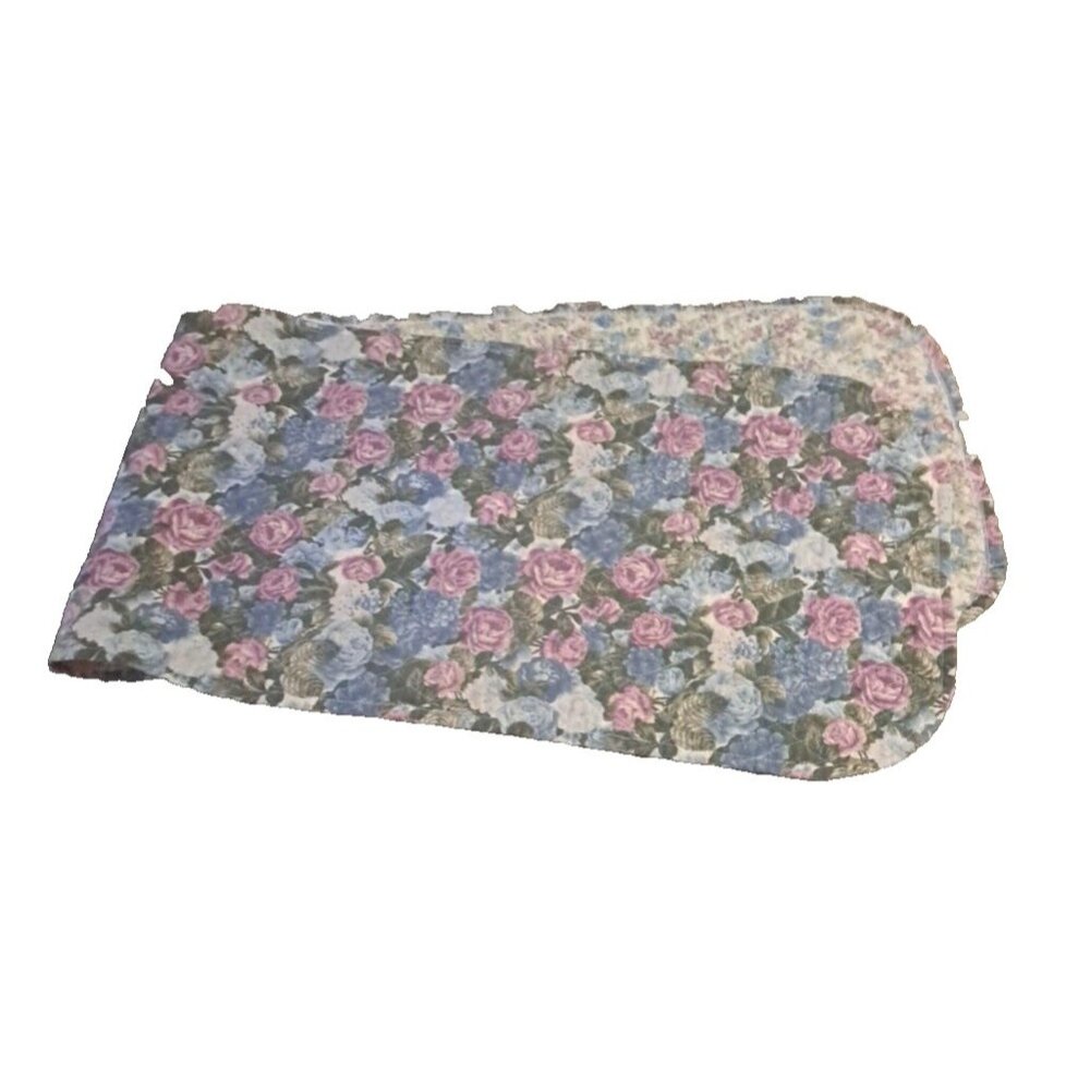 VTG Quilted Table Runner Floral Purple Blue Reversible Handmade Cottage 57x16